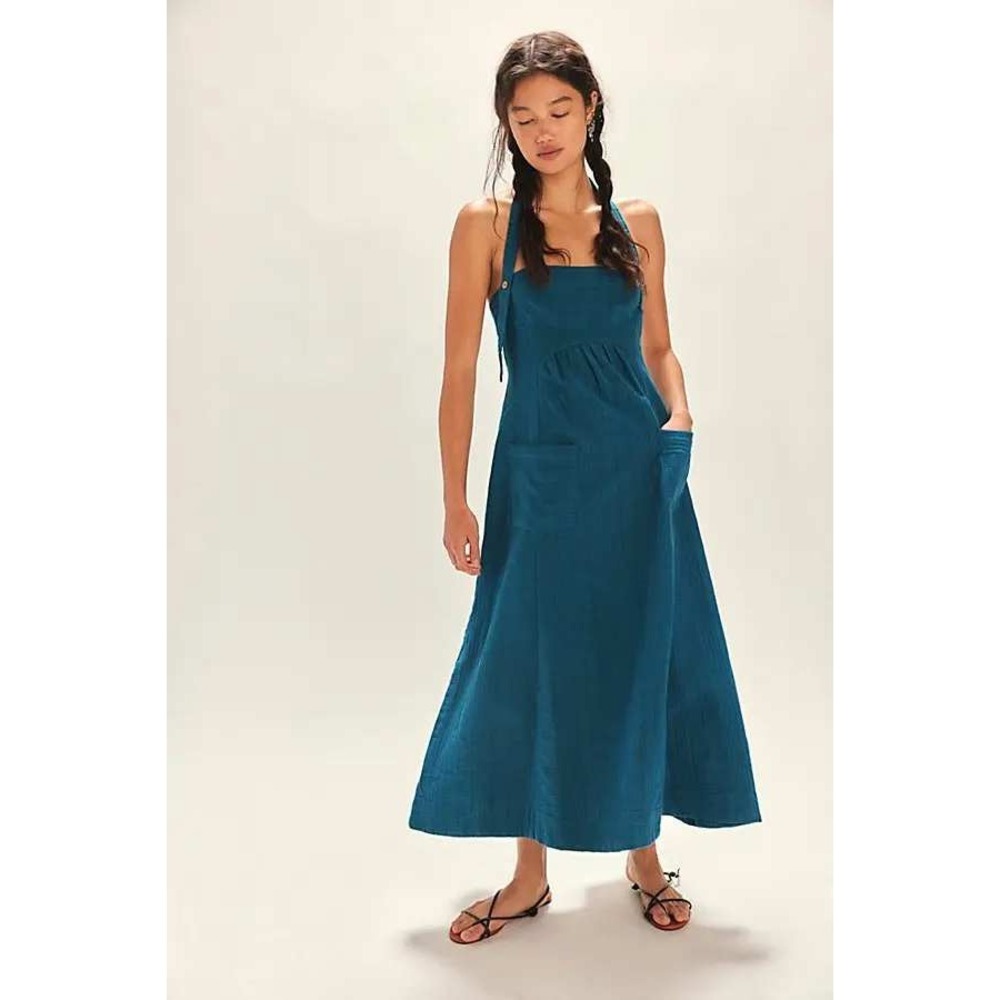 Free People Free-est Lola Teal Blue Cotton Gauze Tie Back Midi Dress Small Boho